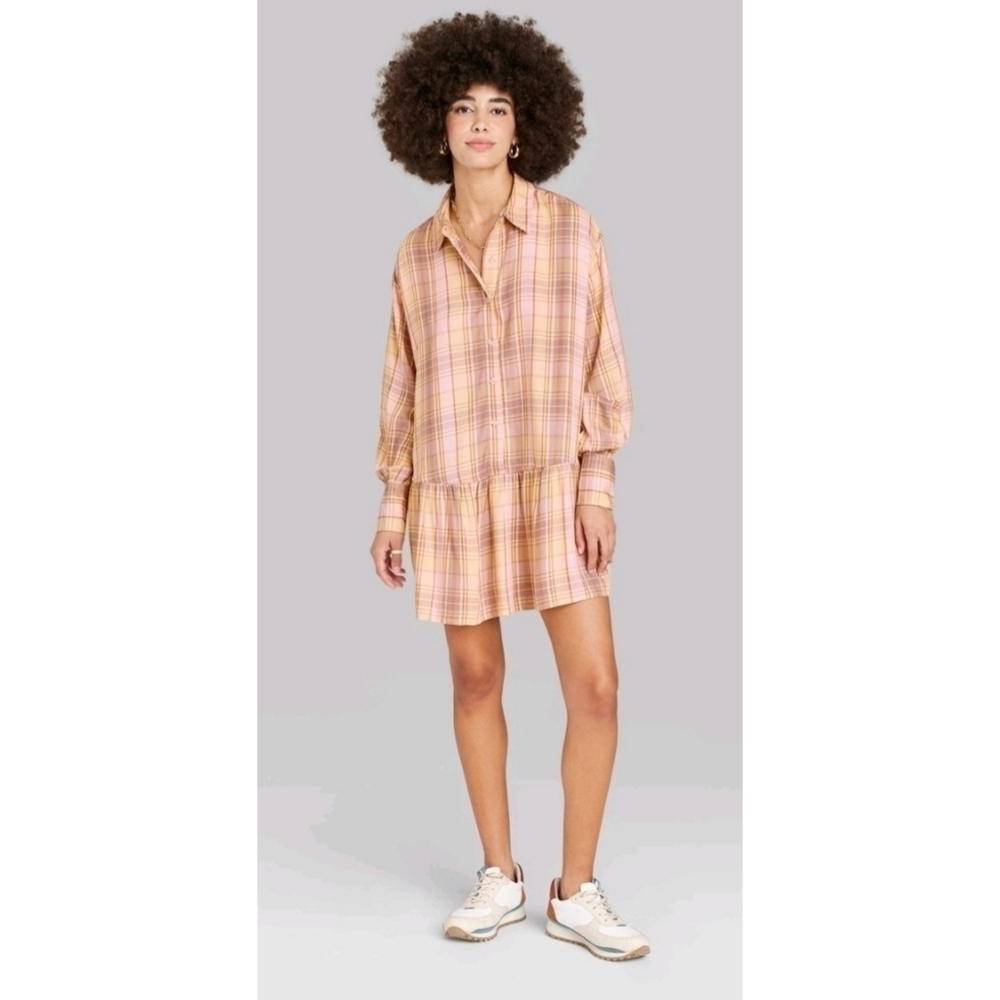 Ascot + Hart Long Sleeve Graphic Peplum Plaid Dress